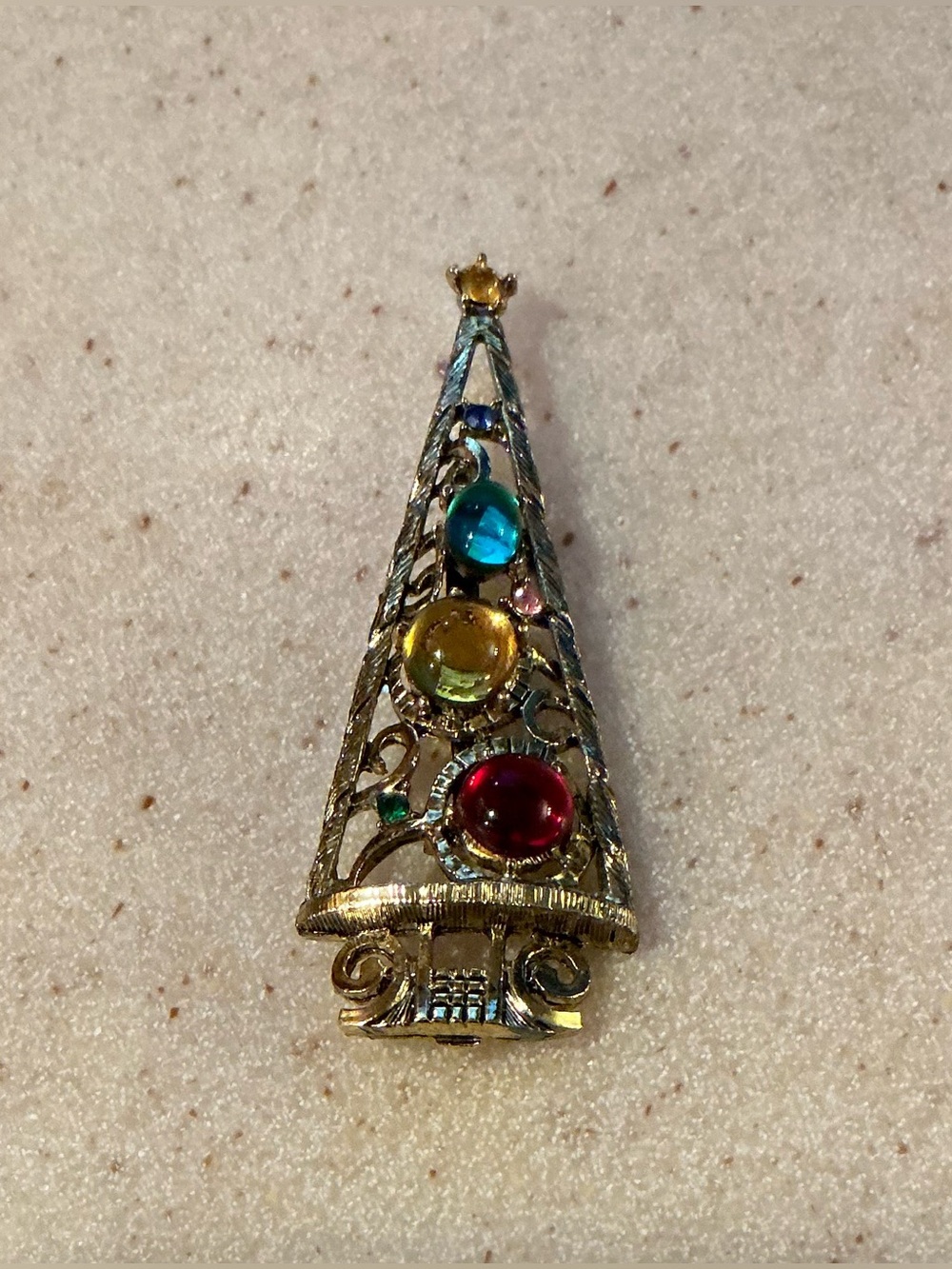 Gold-Tone Filigree Christmas Tree Brooch with Red, Yellow & Teal Cabochons